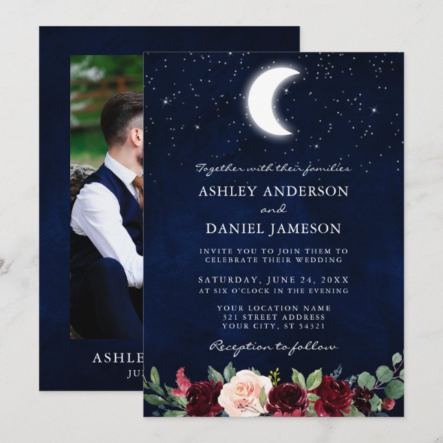 Celestial Wedding Moon Stars Floral Photo Invitation (Front/Back)