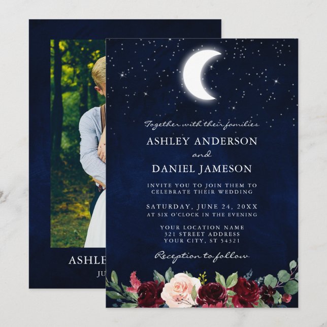 Celestial Wedding Moon Stars Floral Photo Invitation (Front/Back)