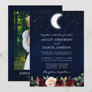 Celestial Wedding Moon Stars Floral Photo Invitation