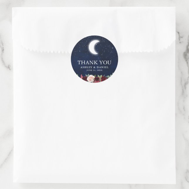 Celestial Wedding Moon Stars Floral Thank You Classic Round Sticker (Bag)
