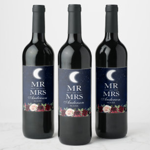 Celestial Wedding Moon Stars Mr. and Mrs. Floral Wine Label