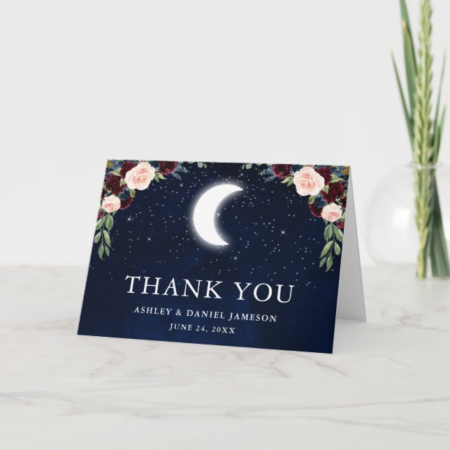 Celestial Wedding Sky Moon Stars Floral Fold Thank You Card (Front)