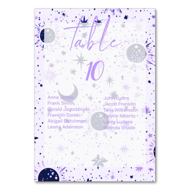 Celestial Wedding Table Numbers With Guest Names (Front)