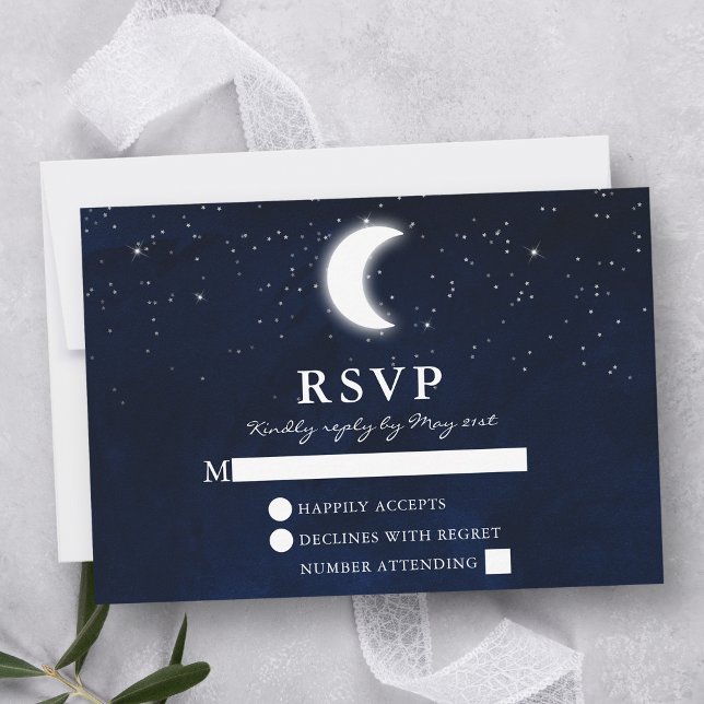 Celestial Wedding Watercolor Blue Sky Moon Stars RSVP Card (Customize to change text size or text style.)