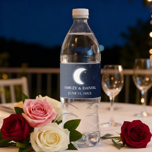 Celestial Wedding Watercolor Blue Sky Moon Stars Water Bottle Label