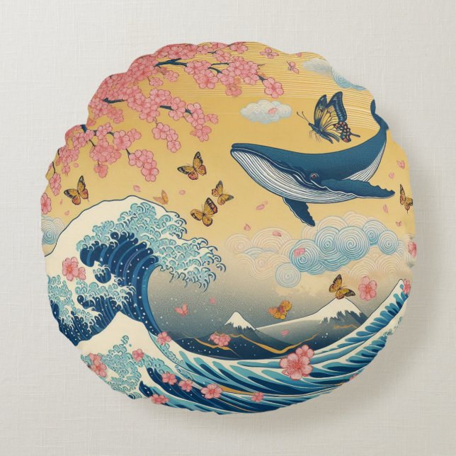 Celestial Whale Among Cherry Trees – AI Art Round Cushion (Front)