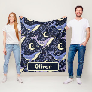 Celestial Whale with Mystical Moon and Stars Fleece Blanket