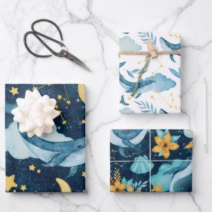 Celestial Whales Blue And Gold Kids Wrapping Paper Sheet