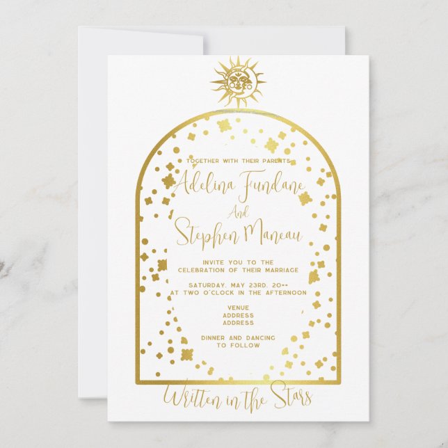 Celestial White and Gold Stars Moon & Sun Wedding Invitation (Front)