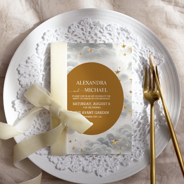 Celestial White and Gold Stars Moon & Sun Wedding Invitation (Creator Uploaded)