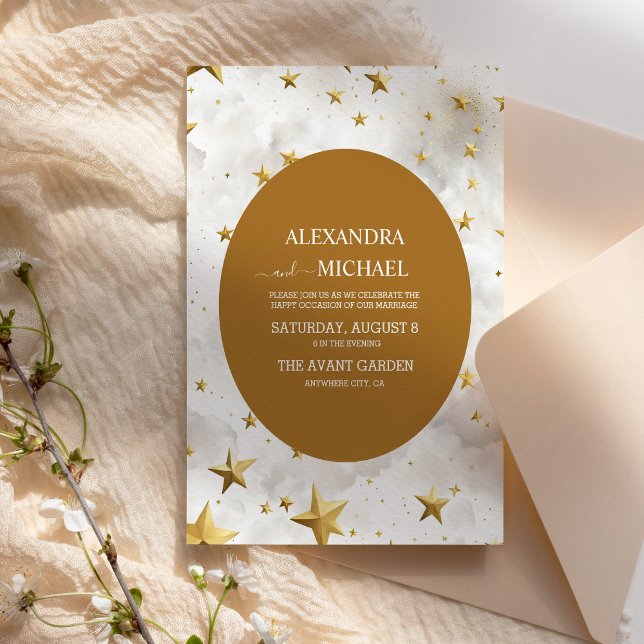 Celestial White and Gold Stars  Wedding Invitation (Creator Uploaded)