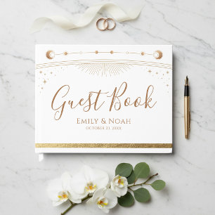 Celestial White Gold Sun Moon Stars Wedding  Guest Book
