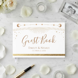 Celestial White Gold Sun Moon Stars Wedding  Guest Book
