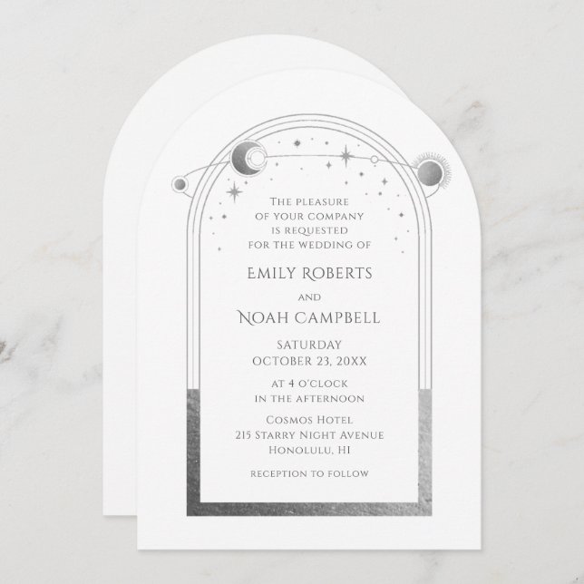 Celestial White Silver Sun Moon Stars Invitation (Front/Back)