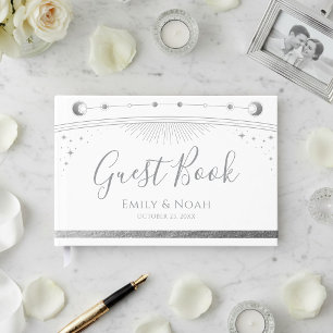 Celestial White Silver Sun Moon Stars Wedding Guest Book