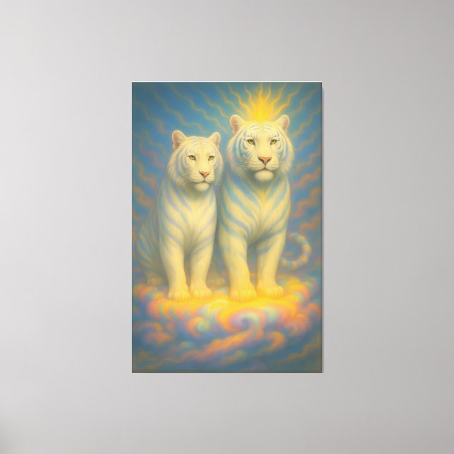 Celestial White Tiger Couple – Warm Golden Aura Fi Canvas Print (Front)