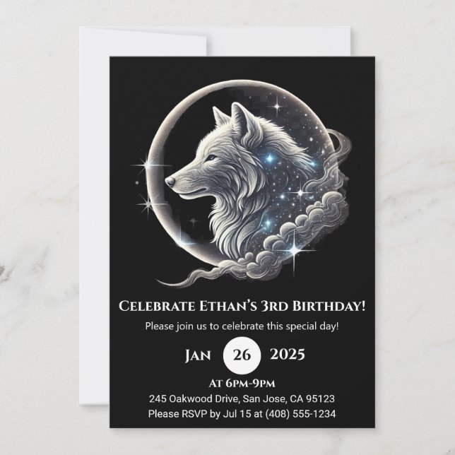Celestial White Wolf Moon Birthday Invitation (Front)