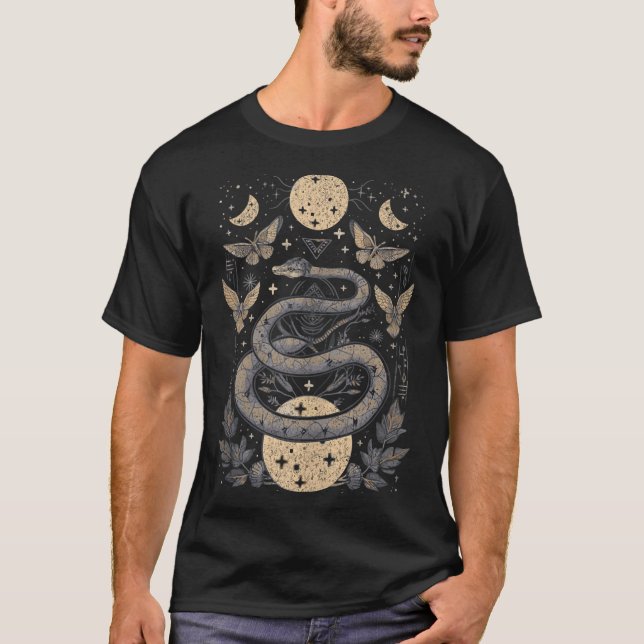 Celestial Wiccan Snake Moth Moon Phases Witch Paga T-Shirt (Front)