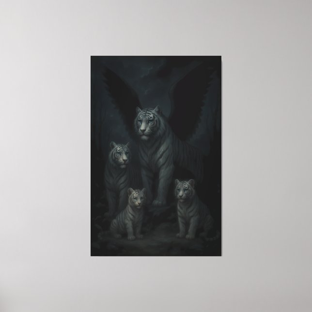 Celestial Winged White Tiger Family – Moonlit Guar Canvas Print (Front)