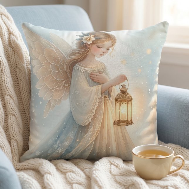 Celestial Winter Angel Lantern of Comfort Cushion (Celestial Winter Angel Lantern of Comfort Throw Pillow)
