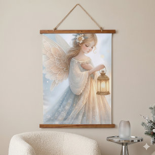 Celestial Winter Angel Lantern of Comfort Hanging Tapestry