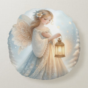 Celestial Winter Angel Lantern of Comfort Round Cushion