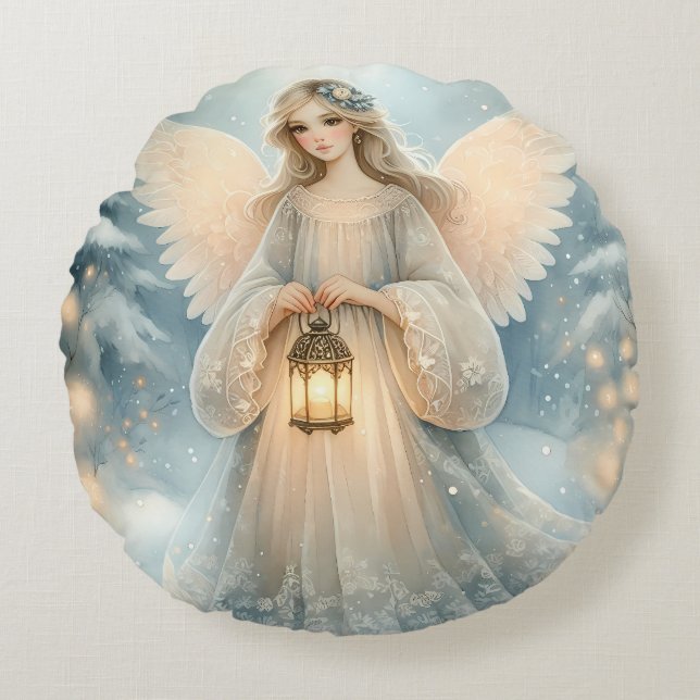 Celestial Winter Angel Lantern of Grace Round Cushion (Front)