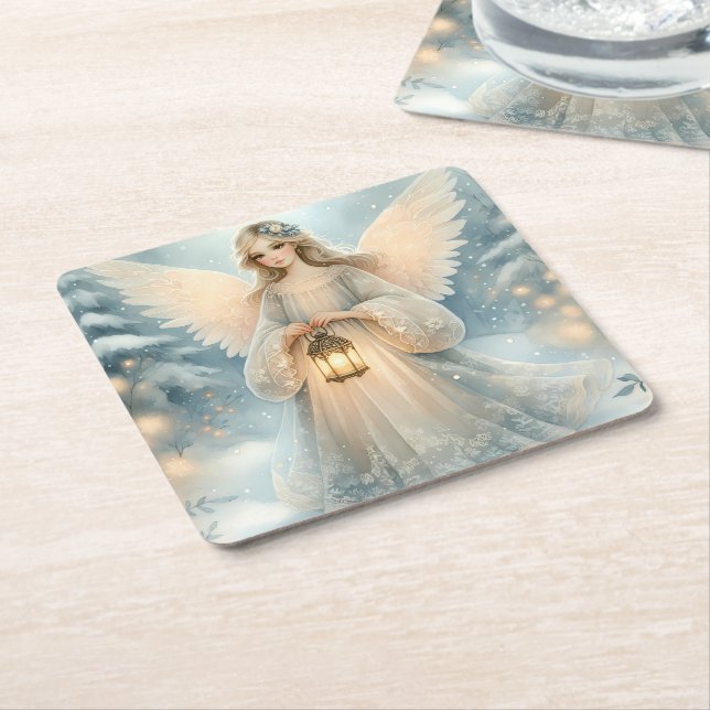 Celestial Winter Angel Lantern of Grace Square Paper Coaster (Angled)
