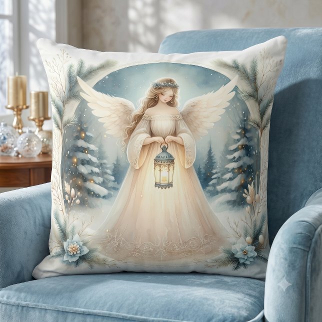 Celestial Winter Angel Lantern of Hope Cushion (Celestial Winter Angel Lantern of Hope Throw Pillow)