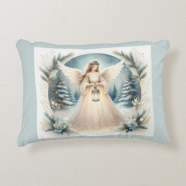 Celestial Winter Angel Lantern of Hope Decorative Cushion (Front)