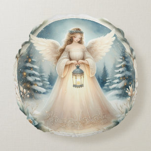 Celestial Winter Angel Lantern of Hope Round Cushion