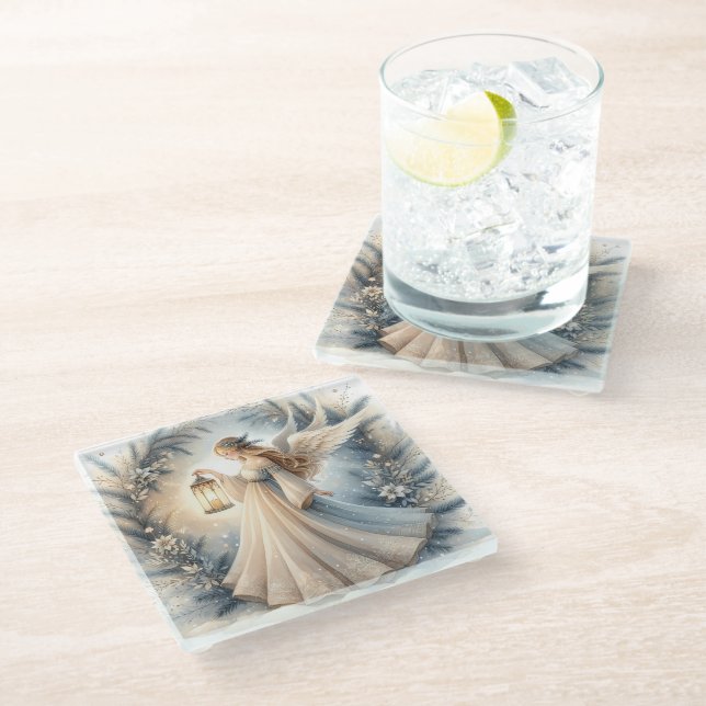 Celestial Winter Angel Lantern of Peace Glass Coaster (Angled)
