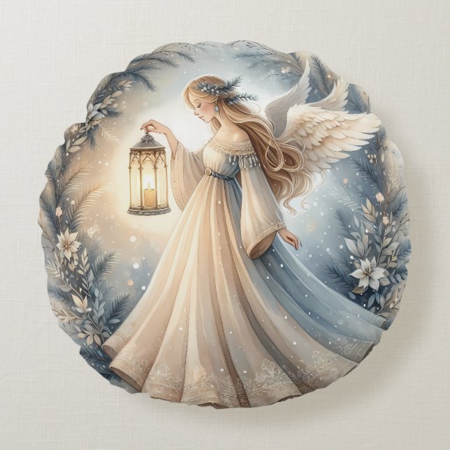 Celestial Winter Angel Lantern of Peace Round Cushion (Front)