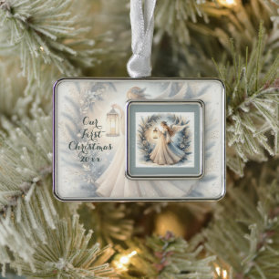 Celestial Winter Angel Lantern of Peace Silver Plated Framed Ornament