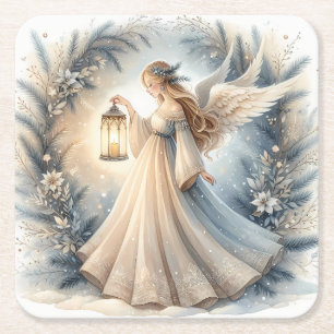 Celestial Winter Angel Lantern of Peace Square Paper Coaster