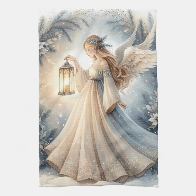 Celestial Winter Angel Lantern of Peace Tea Towel (Vertical)