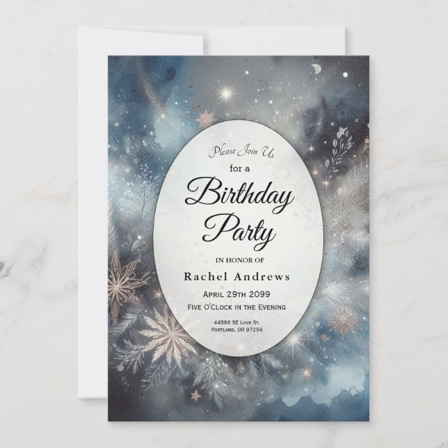 Celestial Winter Midnight Sparkle Birthday Party Invitation (Front)