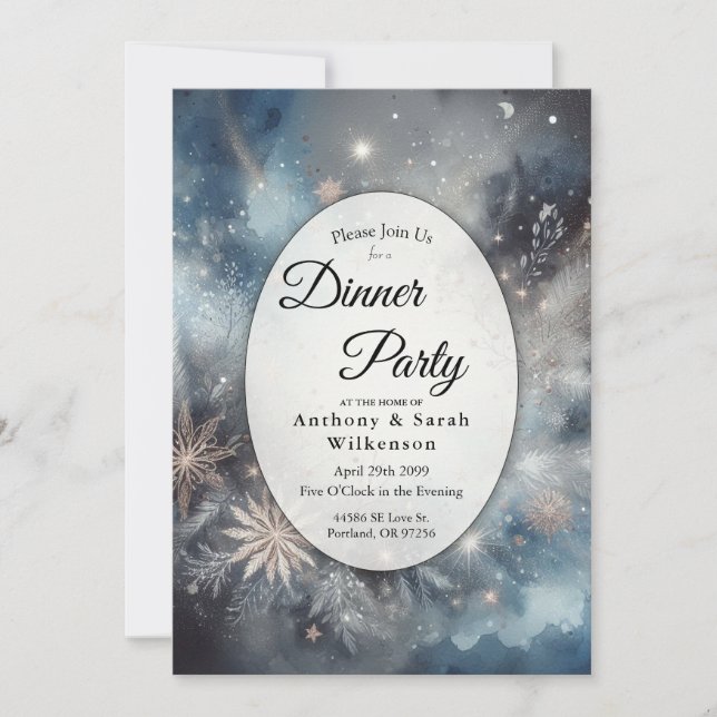 Celestial Winter Midnight Sparkle Dinner Party Invitation (Front)