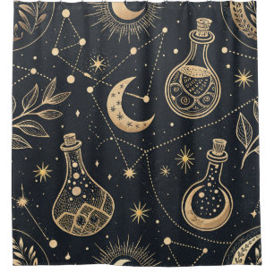Celestial Witchcraft - Gold Moon, Potion Bottles Shower Curtain