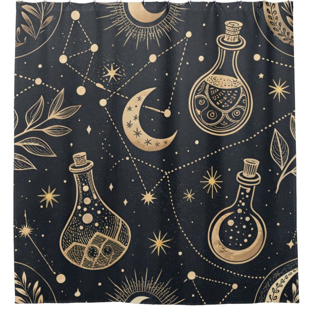 Celestial Witchcraft - Gold Moon, Potion Bottles Shower Curtain (Front)