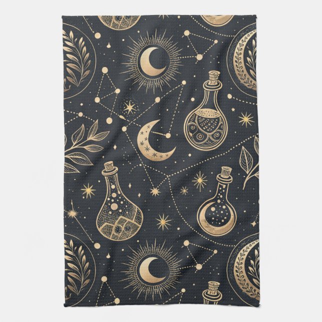 Celestial Witchcraft - Gold Moon, Potion Bottles Tea Towel (Vertical)