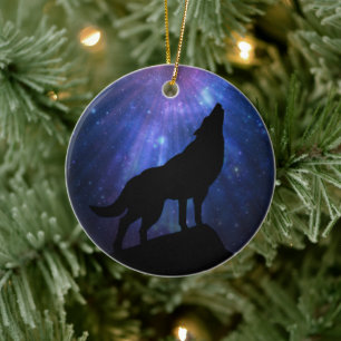 Celestial Wolf Ceramic Tree Decoration