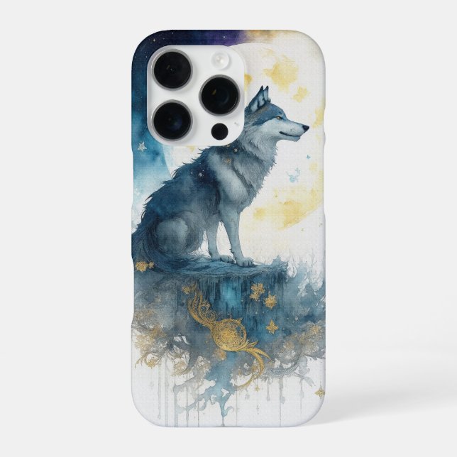 Celestial Wolf Night Sky Gold Filigree iPhone 16 P Case (Back)