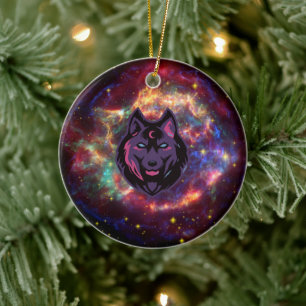 Celestial Wolf, Vivid Circular Nebula Ceramic Tree Decoration
