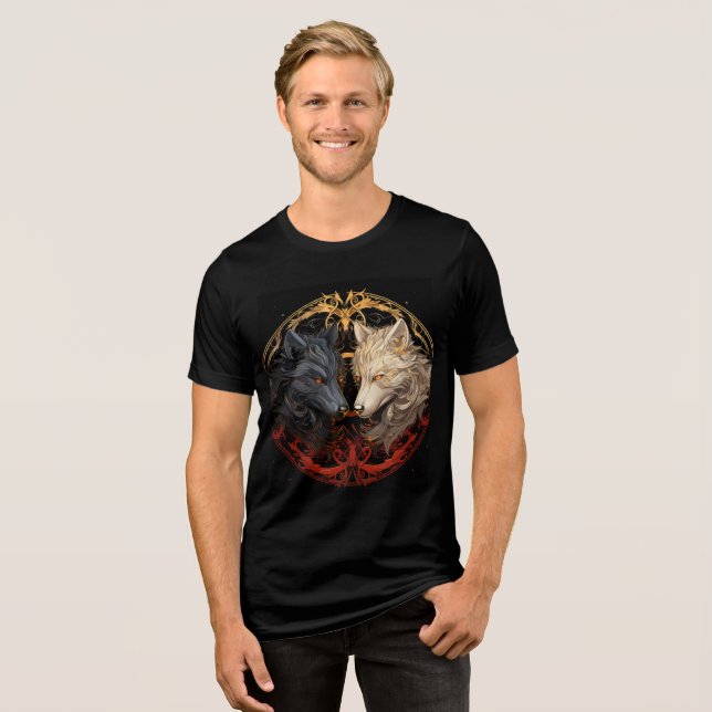 Celestial Wolves – Gold & Fire Spirit Design Tri-Blend Shirt (Front Full)