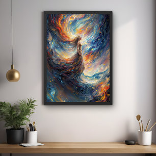 Celestial Woman in Fiery Cosmos Art Poster