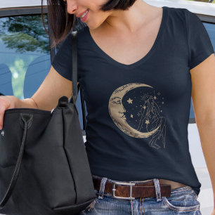 Celestial woman moon & stars,boho,elegant gold  T-Shirt