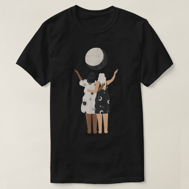 Celestial Women Friends With Moon, Stars And Sun E T-Shirt (Design Front)