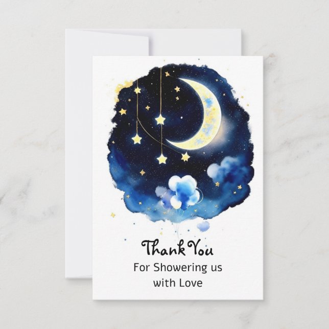 Celestial Wonders: Moon and Stars Boy Baby Shower Thank You Card (Front)