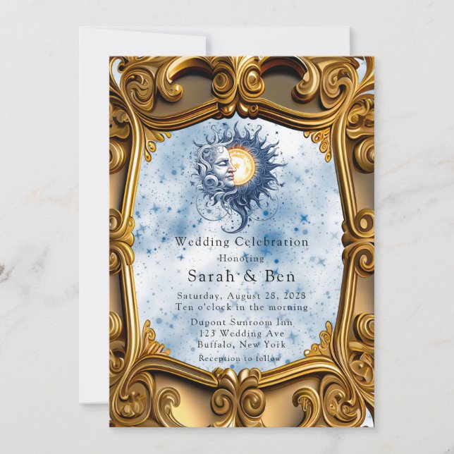 Celestial Yellow Blue Sun Moon Art Deco Wedding Invitation (Front)
